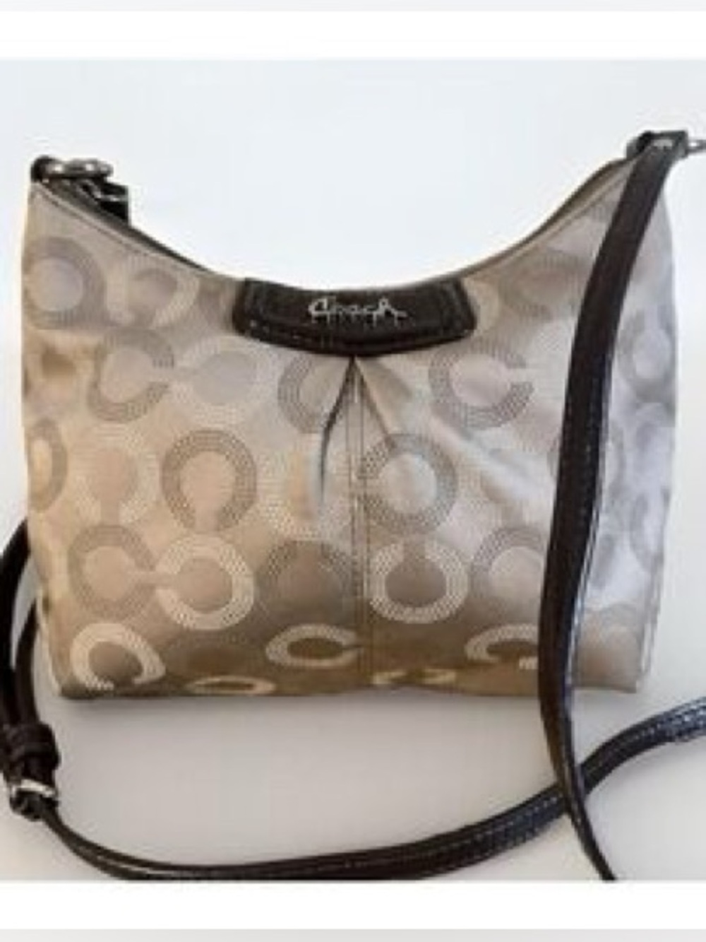 Coach Signature Beige & Dark Brown Dotted Op Art Convertible Hobo Crossbody Bag
